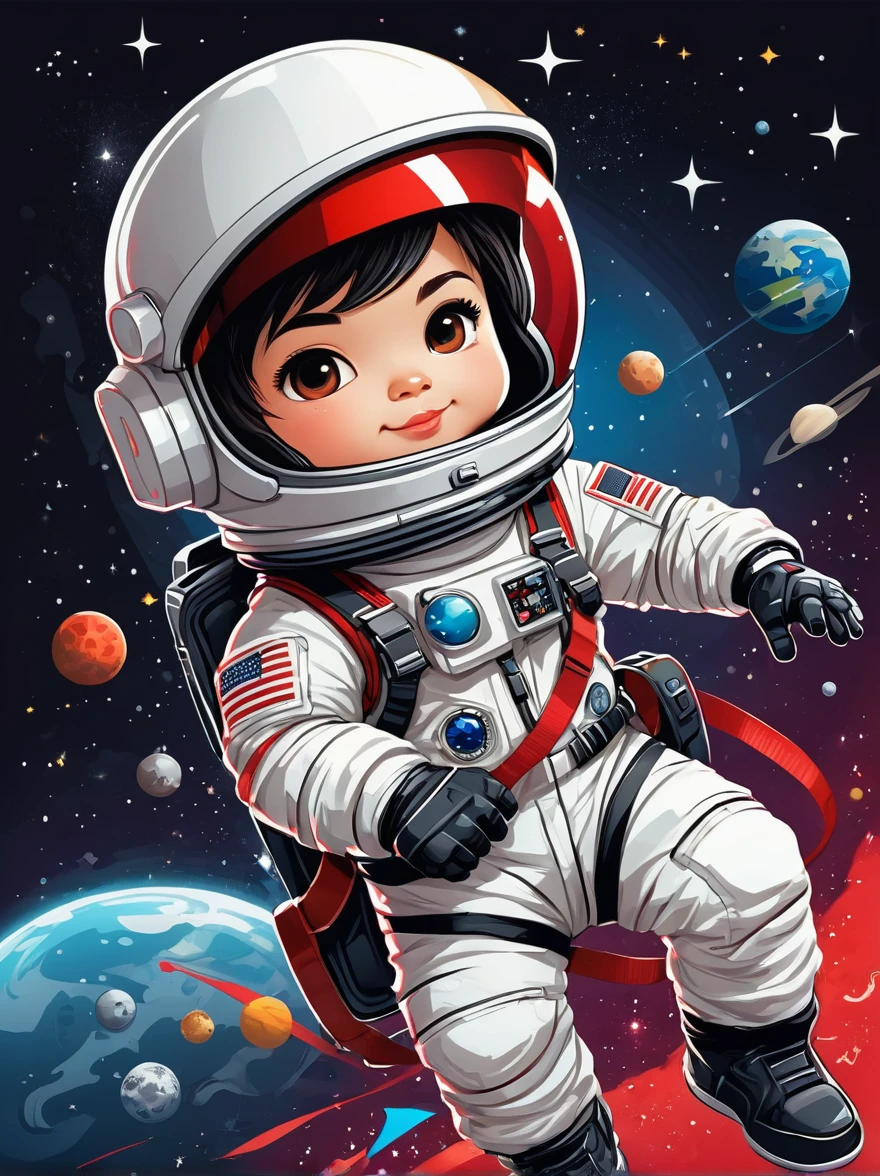 卡通pintada人物，Ilustración vectorial，Un astronauta chibi visualmente impactante representado con gran detalle.，Lleva una visera negra，Vistiendo un refrescante traje blanco con tirantes rojos.，El lindo héroe monta a un niño.&#39;Triciclo con neumáticos grandes y adherentes.，Explorando la superficie lunar，背景展示了一个充满pintada风格的星星和宇宙奇观的宜人星系，Esta obra de arte conceptual combina anime.、pintada、Ilustración y tipografía，Creó un caprichoso，Imagen imaginativa de la exploración espacial.，Añade fantasía a la escena，1xhsn1