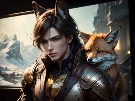 (Best Quality, 8K, Masterpiece, HDR, Soft Lighting, Picture Perfect, Realistic, Vivid), Black-haired guy with fox ears and baby ...