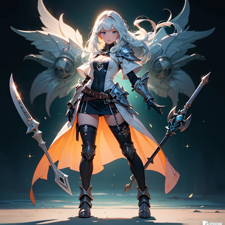 Design a layout showcase Gaming character, (1girl). Golden+Purle clothes, stylish and unique, ((showcase weapon:1.4)), magic staff, (masterpiece:1.2), (best quality), 4k, ultra-detailed, (Step by step design, layout art:1.5), (luminous lighting, atmospheric lighting), magican, ((glove full hands)), (((revealing clothes:1.3))), vambraces, armored legwear, (((full_body_shot:1.4)))