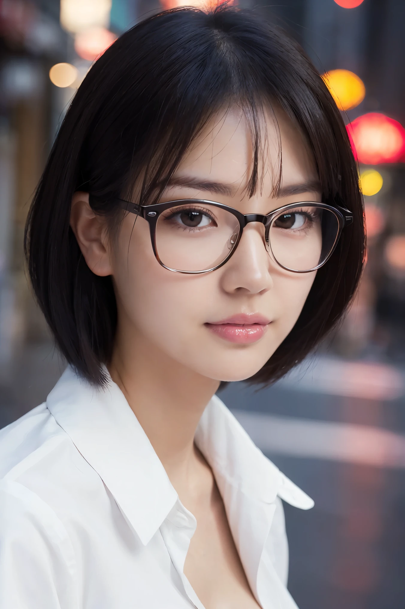 (highest quality、Tabletop、8k、Best image quality、Award-winning works)、One beautiful woman、Age 25、Perfect beautiful composition、(Classy glasses:1.1)、(Cleavage:1.1)、The Great Depression is about to burst、Accentuate your body lines、(Perfect and precise white polyester shirt:1.3)、look at me、Perfect Makeup、attractive、Sexy、Lustrous and bright lips、Accurate anatomy、(Face close-up:1.3)、look at me、(The moodiest entertainment district lighting:1.1)、(Moody and romantic atmosphere blurred red light district street background:1.2)、Perfect Makeup、Ultra-high definition beauty face、Ultra HD Hair、Ultra-high definition moisturizing eye area、(Ultra High Resolution Perfect Teeth:1.1)、(Ultra-high resolution glossy skin:1.1)、Super high quality glossy lip