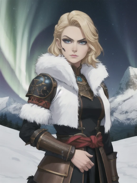 [ Eivor], Woman, [,blonde hair,] serious, blue tattoos, Hair, leather armor, fur trim, without sleeves, muscular, life, Upper body, standing, I look at the viewer, [Northern lights, Mountains, cold, camp,],4K,Sharp image,detailed