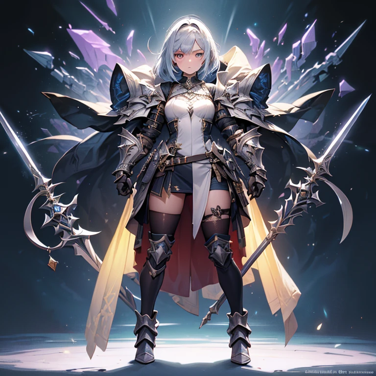 Design a layout showcase Gaming character, (1girl). Golden+Purle clothes, stylish and unique, ((showcase weapon:1.4)), magic staff, (masterpiece:1.2), (best quality), 4k, ultra-detailed, (Step by step design, layout art:1.5), (luminous lighting, atmospheric lighting), magican, ((glove full hands)), (((revealing clothes:1.3))), vambraces, armored legwear, (((full_body_shot:1.4)))