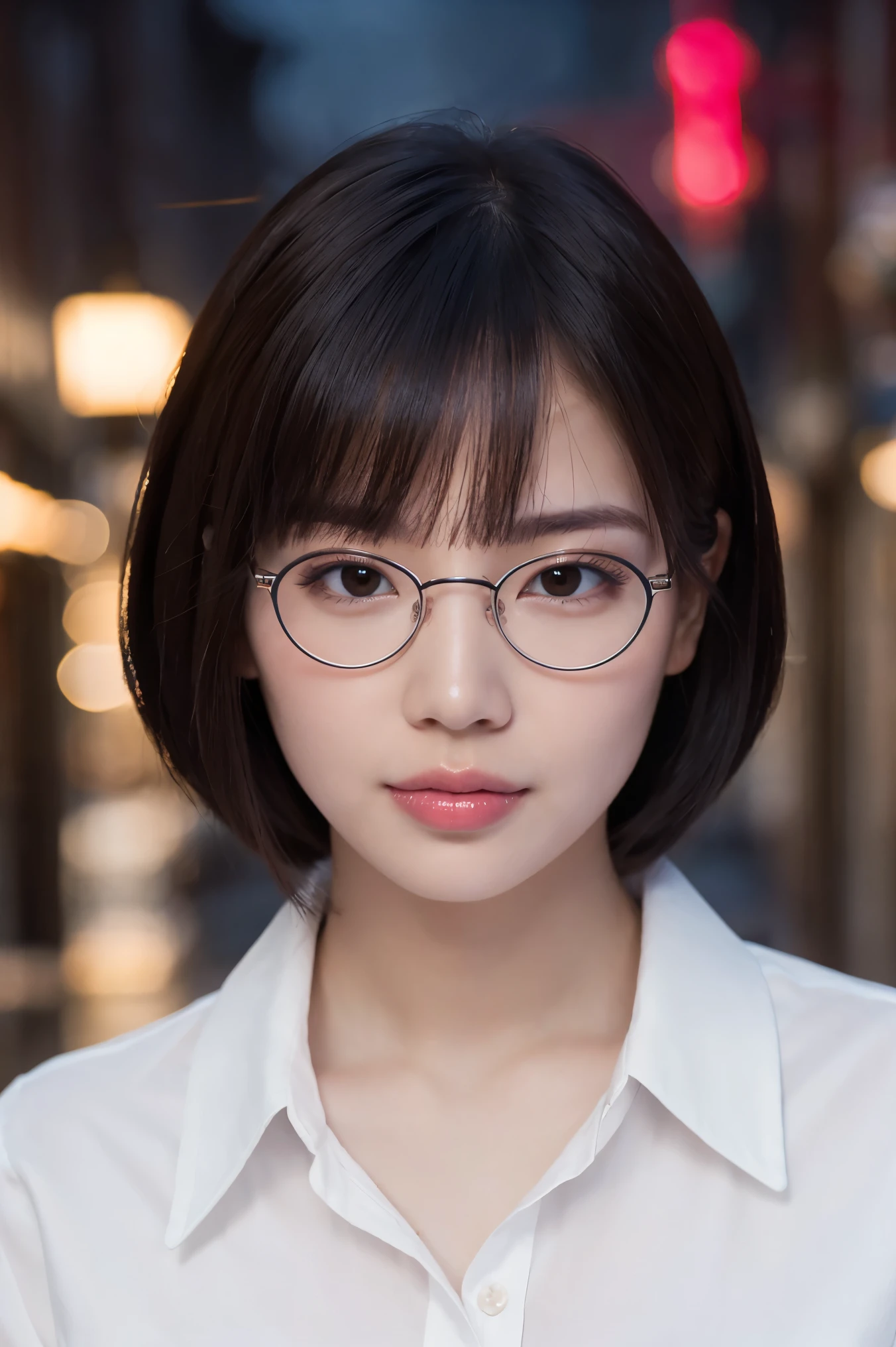 (highest quality、Tabletop、8k、Best image quality、Award-winning works)、One beautiful woman、Age 25、Perfect beautiful composition、(Very short straight hair:1.1)、(Classy glasses:1.1)、Cleavage、The Great Depression is about to burst、Accentuate your body lines、(Perfect and precise white polyester shirt:1.3)、look at me、Perfect Makeup、attractive、Sexy、Lustrous and bright lips、Accurate anatomy、(Face close-up:1.3)、look at me、(The most atmospheric lighting:1.1)、(Moody and romantic atmosphere blurred red light district street background:1.2)、Perfect Makeup、Ultra-high definition beauty face、Ultra HD Hair、Ultra-high definition moisturizing eye area、(Ultra High Resolution Perfect Teeth:1.1)、(Ultra-high resolution glossy skin:1.1)、Super high quality glossy lip