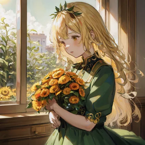 Anime girl with long blonde hair holding bouquet of flowers, Beautiful sunflower anime girl, with flowers, blonde anime girl wit...