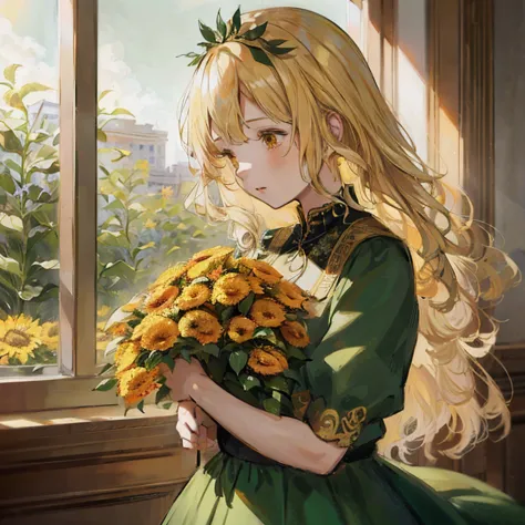 Anime girl with long blonde hair holding bouquet of flowers, Beautiful sunflower anime girl, with flowers, blonde anime girl wit...