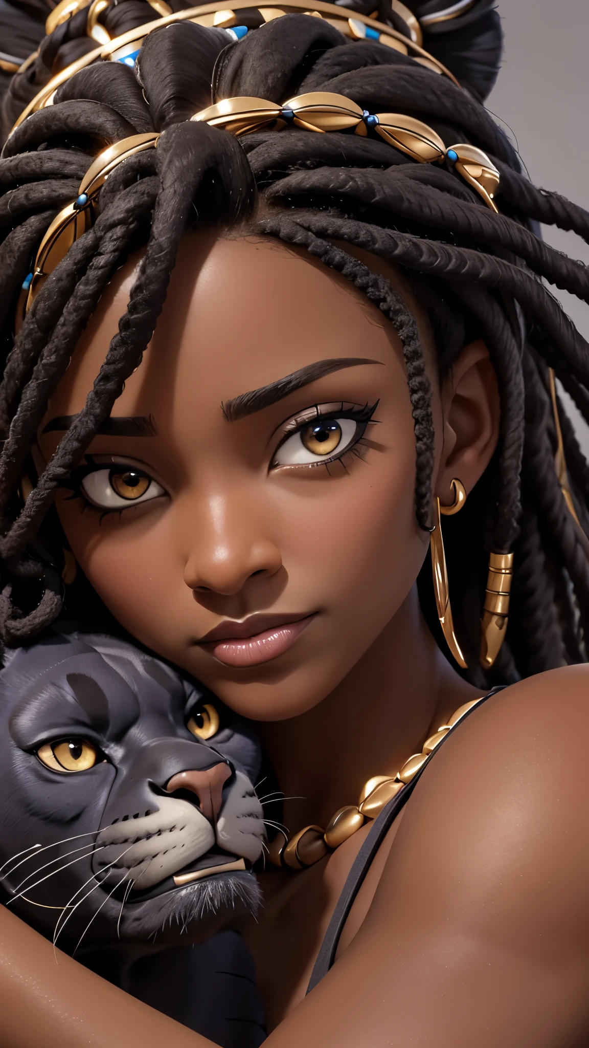 ((beste Qualität)), ((Meisterwerk)), (ausführlich), (Nahaufnahme), (Kopfschuss), Dunkle Haut, perfektes Gesicht schöne afrikanische Frau mit Perlen Dreads auf ihren Schultern, einen Panther kuscheln, mit einem Pantherkopf, der ihr Gesicht reibt, HDR, 4K, 3D
