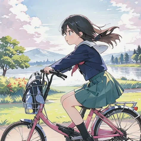 (masterpiece, highest quality:1.2), reality、Girl on a bicycle, alone、Junior high school girl，uniform、Fluttering Skirt，From the s...