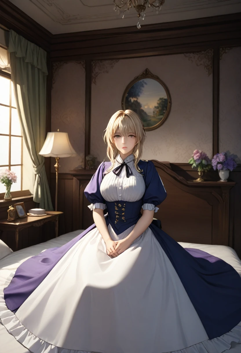 masterpiece, highest quality, (Highly detailed CG synthesis 8k wallpaper), (highest quality), (Best illustrations), (Best Shadow), (Stable Diffusion Model), Violet Evergarden, Sparkling, beautiful, victorian style bedroom, Dynamic Lighting, Depth of written boundary