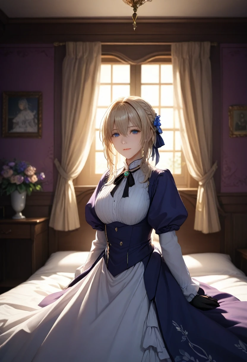 masterpiece, highest quality, (Highly detailed CG synthesis 8k wallpaper), (highest quality), (Best illustrations), (Best Shadow), (Stable Diffusion Model), Violet Evergarden, Sparkling, beautiful, victorian style bedroom, Dynamic Lighting, Depth of written boundary