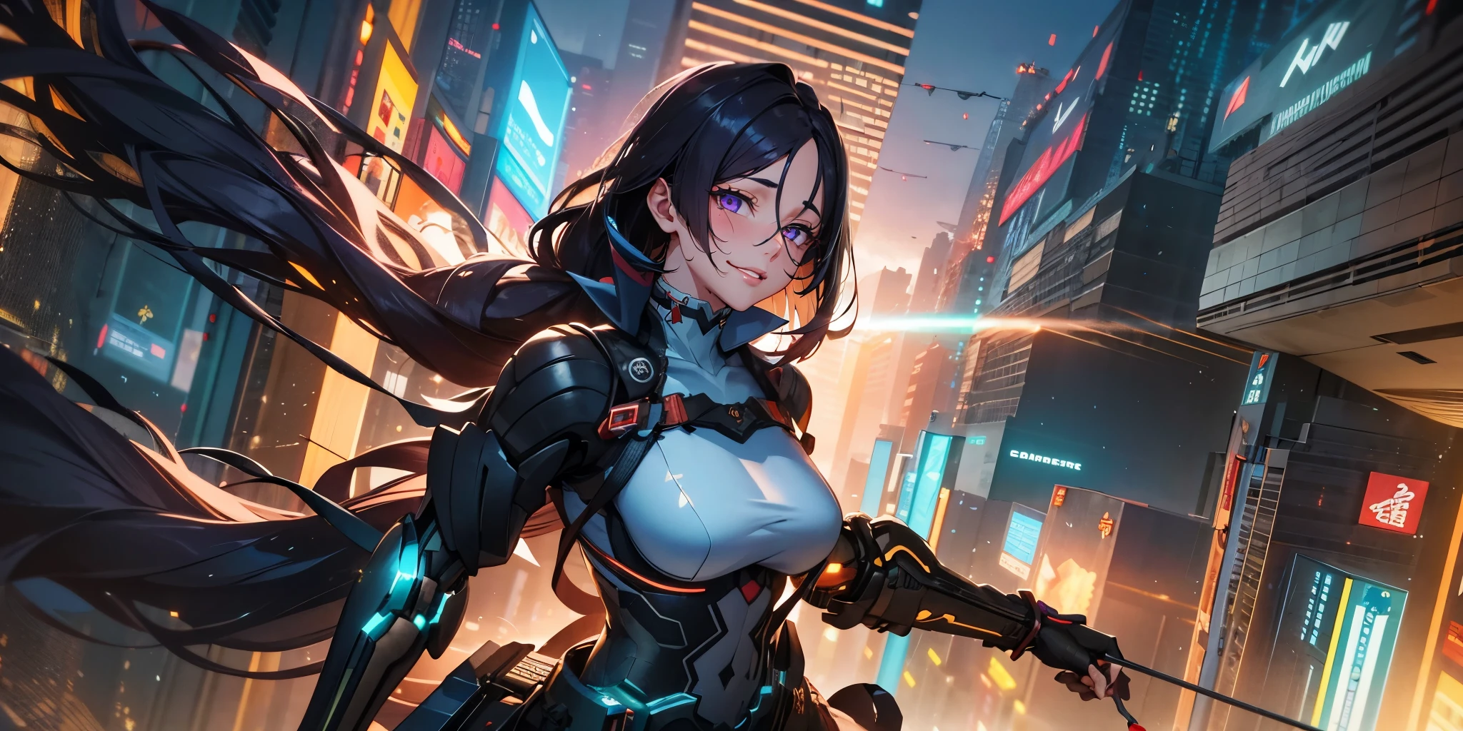 (dark-puprle hair, long hair:1.6), purple eyes, bodysuit, belt, 1girl, gloves, breasts, solo, looking_at_viewer, black_gloves, mecha, cyberpunk art, epic art, glow effects, godrays, Hand drawn, render, 8k, octane render, cinema 4d, blender, dark, atmospheric 4k ultra detailed, cinematic, Sharp focus, big depth of field, Masterpiece, colors, 3d octane render, 4k, concept art, trending on artstation, hyperrealistic, Vivid colors, extremely detailed CG unity 8k wallpaper, trending on CGSociety, Intricate, High Detail, dramatic, cyberpunk art