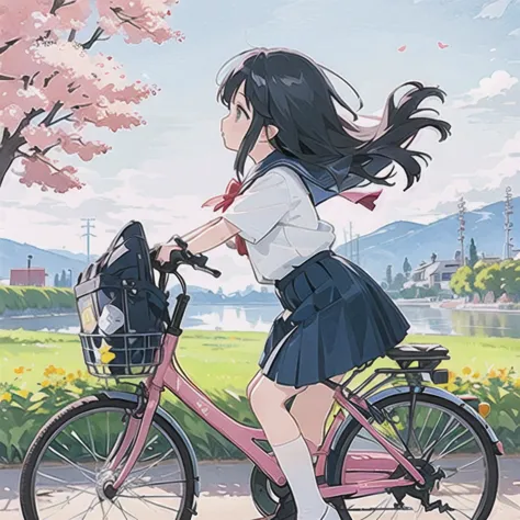 (masterpiece, highest quality:1.2), reality、Girl on a bicycle, alone、Junior high school girl，uniform、Fluttering Skirt，From the s...