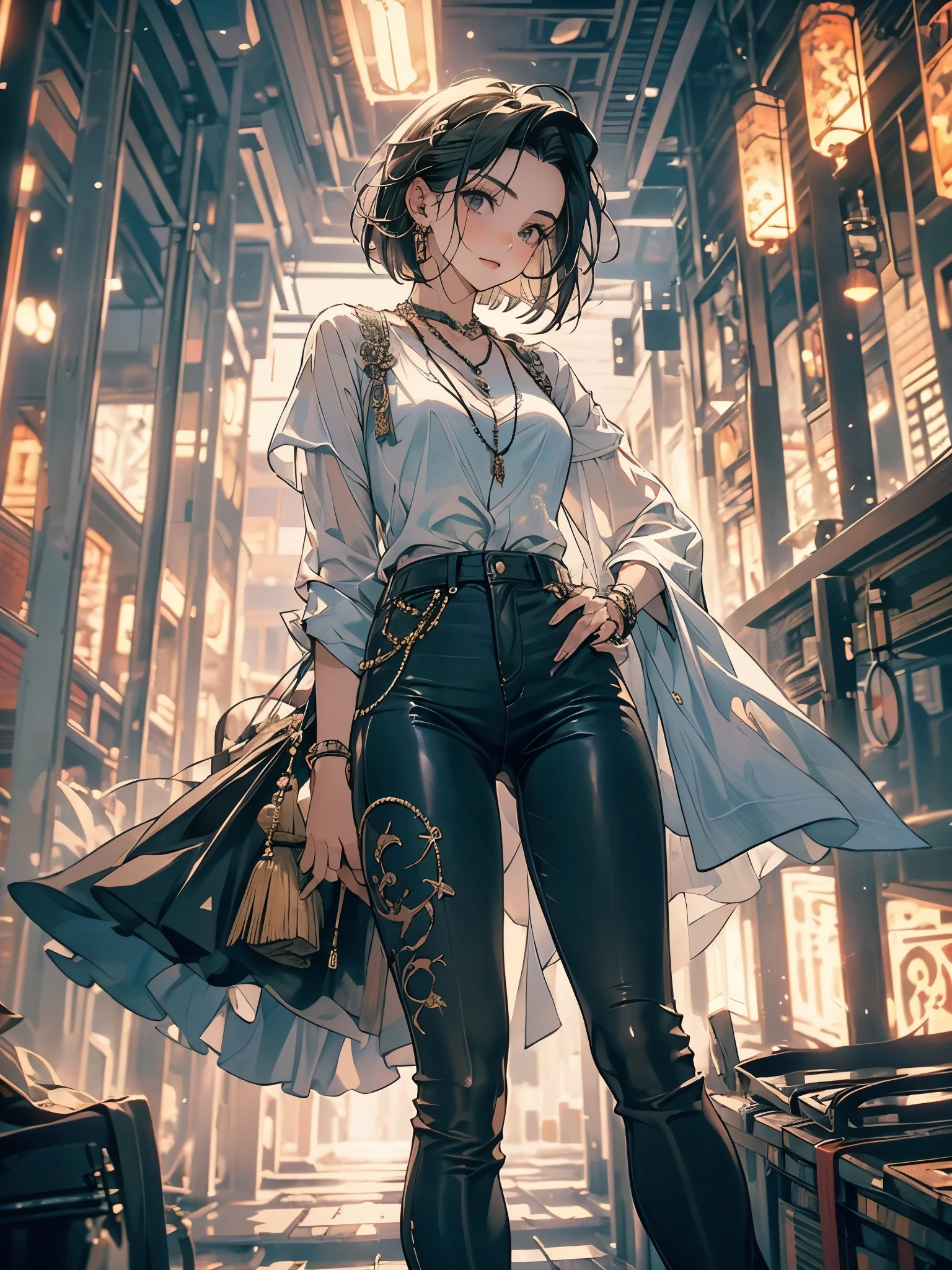 A girl walking through the streets of Italy, (((the girl has white hair, short bob hair, white shirt with neckline, black leg pants, shoulder bag, and the girl walks like a model))), people walk down the street, Socialization, view from below with focus on the character and the sky above