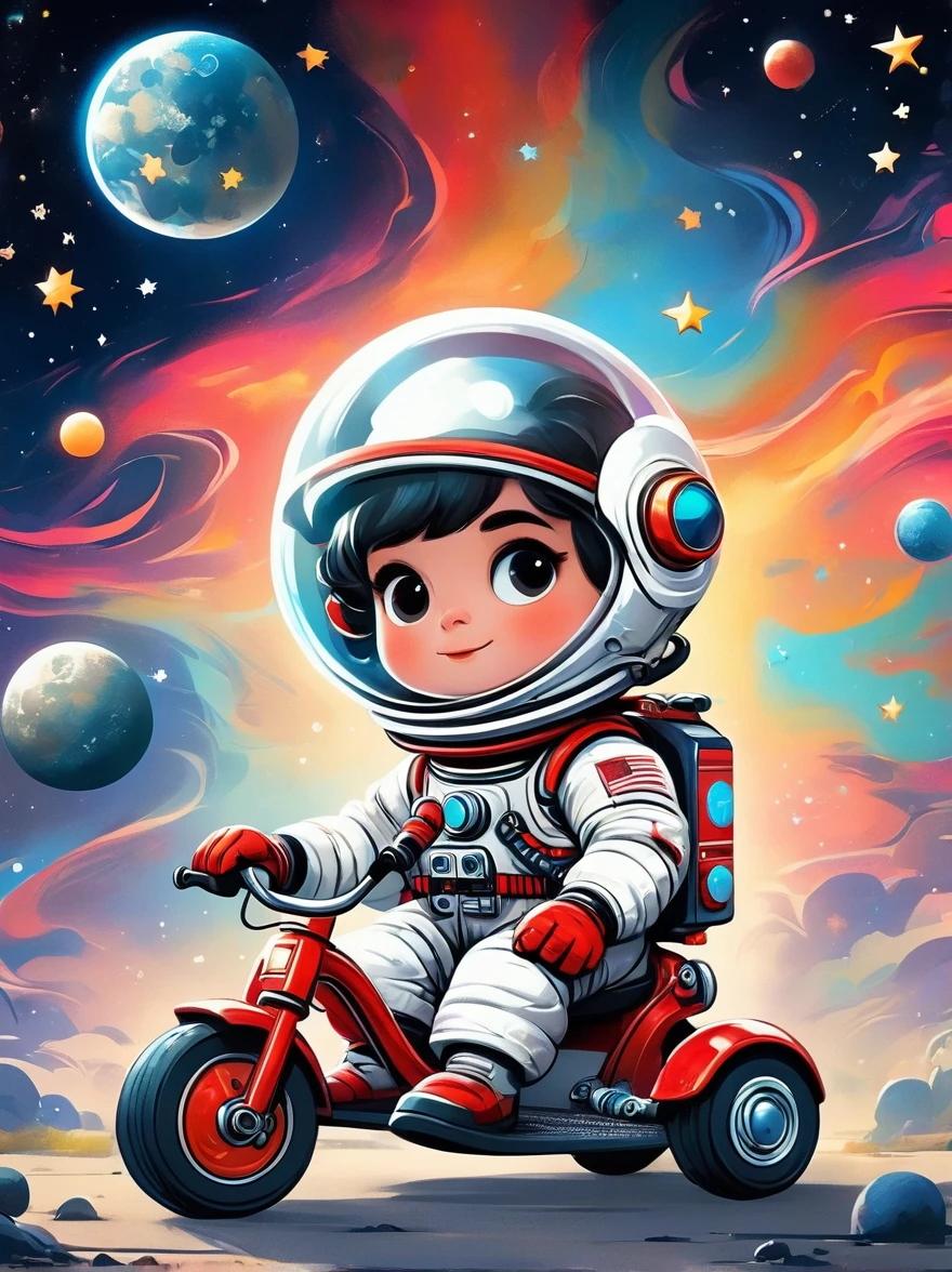漫画の落書きキャラクター，Vector 図，映画のスチール写真 視覚的に印象的なチビスタイルの宇宙飛行士が驚くほど詳細に描かれている, 黒のバイザーと赤いストラップのついた白いスーツを着ている. この愛らしいヒーローは、大きなグリップ力のあるタイヤを備えた子供用三輪車に乗っているところを撮影されました, 月面の探査. 背景には星と宇宙の驚異に満ちた美しい銀河が描かれています. このコンセプチュアルアート作品はアニメと, 写真, 図, 宇宙探査の気まぐれで想像力豊かな描写を作成するためのタイポグラフィ，シーンに奇抜さを加える，1xhsn1