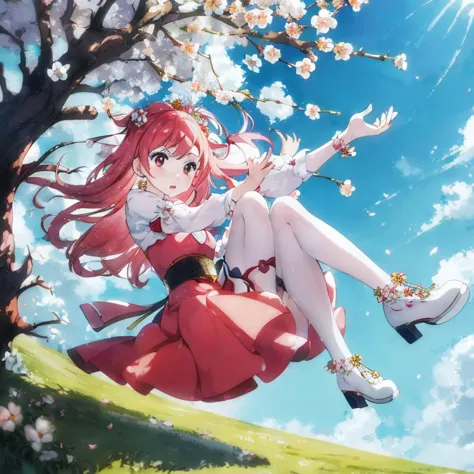 Anime girl in red dress sitting on tree branch, sakura petals around her, spring day, Haruno Sakura, mana in the air, Trending o...