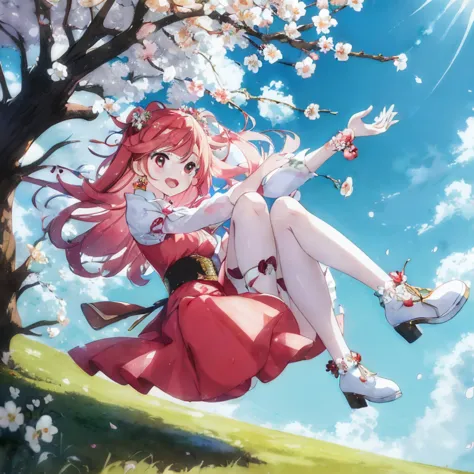 Anime girl in red dress sitting on tree branch, sakura petals around her, spring day, Haruno Sakura, mana in the air, Trending o...