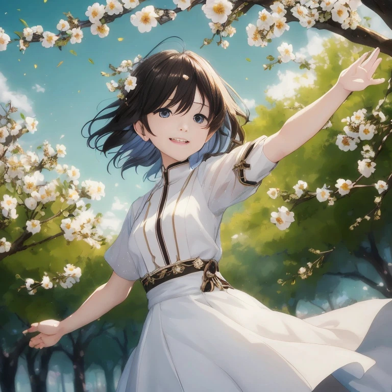 Chica de anime con vestido blanco y los brazos extendidos frente a un árbol, Por Shinkai Makoto. una representación digital, Estilo artístico de Makoto Shinkai, Obra oficial, arte oficial, high detailed Obra oficial, guweiz en pixiv artstation, Makoto Shinkai y Artgerm, Por Shinkai Makoto ( leyendas del ápice )