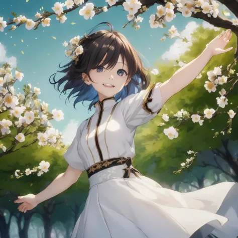Anime girl in white dress with arms outstretched in front of a tree, By Shinkai Makoto. a digital rendering, makoto shinkai art ...