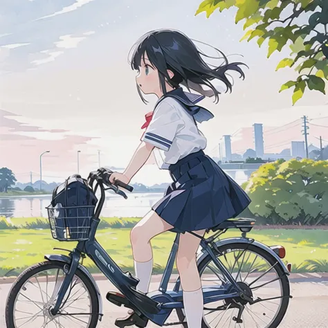 (masterpiece, highest quality:1.2), reality、Girl on a bicycle, alone、Junior high school girl，uniform、Fluttering Skirt，From the s...