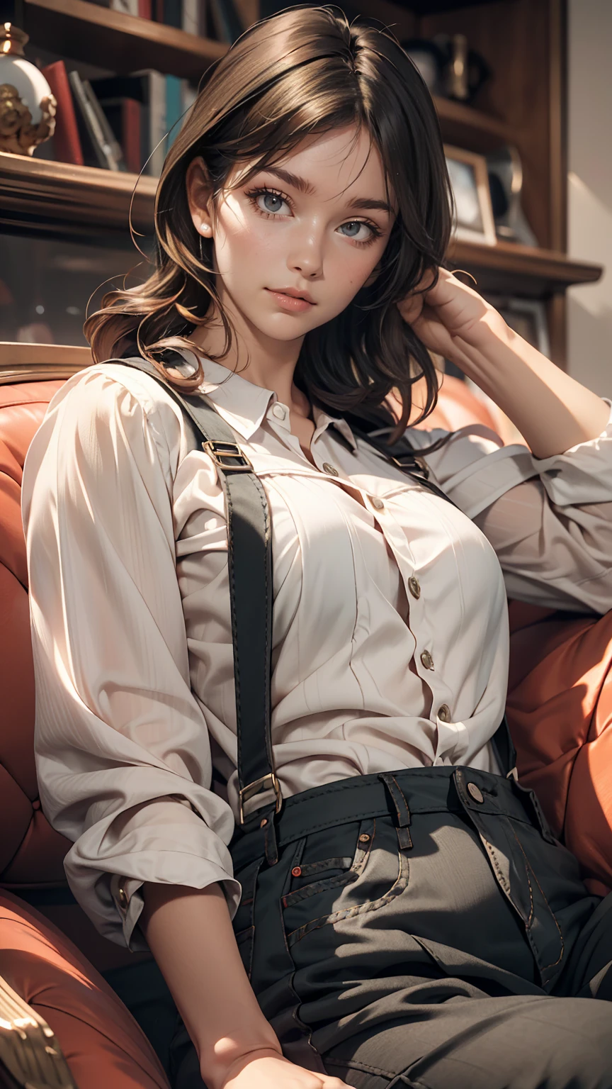 Mature woman lying on sofa, Big black wavy hair, Wear suspenders, Plump figure, Delicate facial features, Realistic image quality, Asian Woman, Age: Approximately 40 years old, Surreal