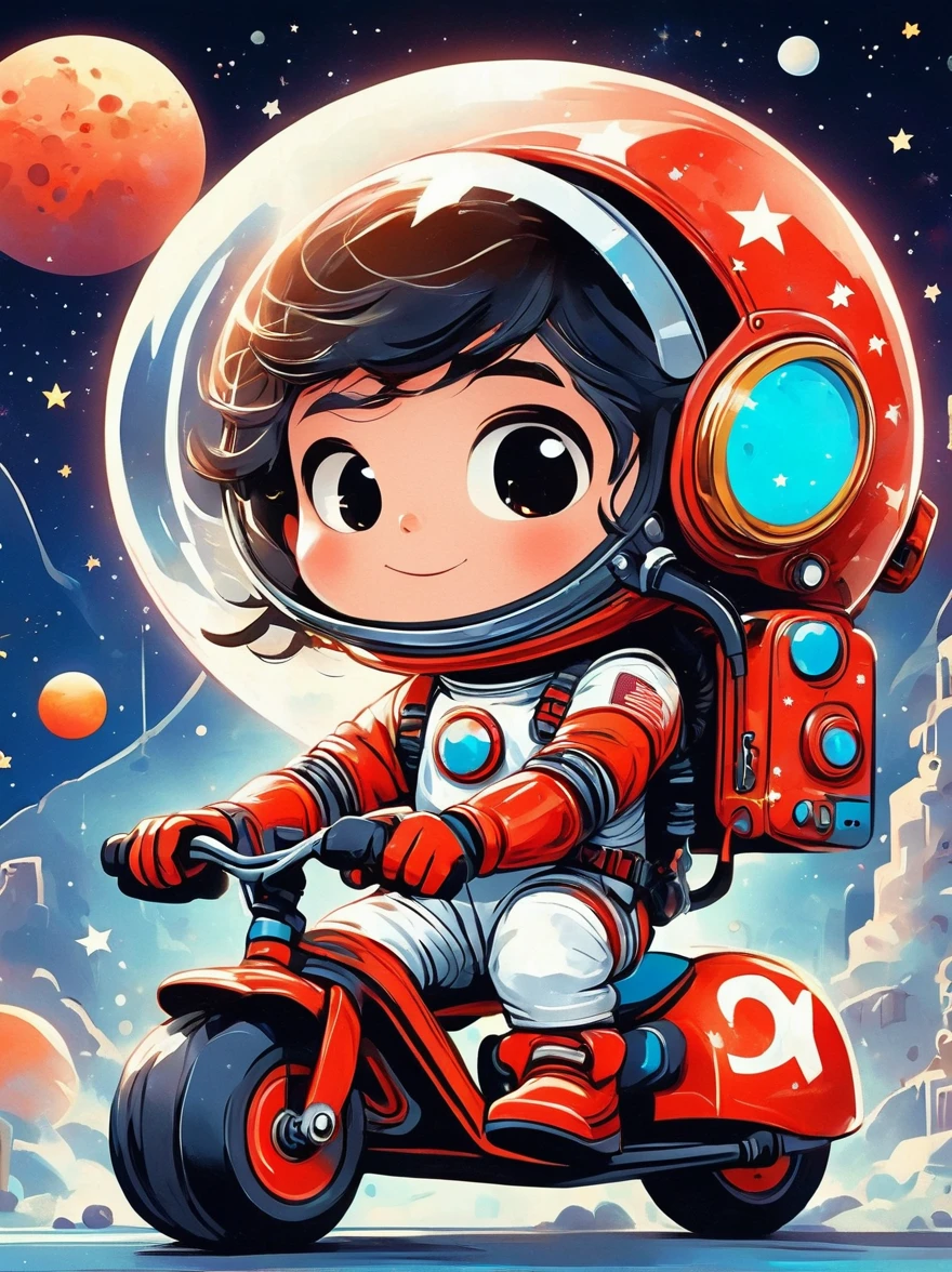 Cartoon graffiti characters，Vector illustration，cinematic film still A visually striking chibi-style astronaut is depicted with remarkable detail, wearing a black tinted visor and a crisp white suit with red straps. This adorable hero is captured riding on a child's tricycle with big grippy tires, exploring the surface of the moon. The background showcases a delightful galaxy filled with stars and cosmic wonder. This conceptual art piece blends anime, photography, illustration, and typography to create a whimsical and imaginative portrayal of space exploration，Add whimsy to the scene，1xhsn1