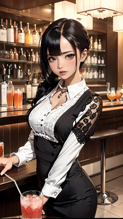 (hotel bar counter,female bartender,(shake a cocktail)),white blouse,(ebony skin:1.2),(Thin type:1.8),(big breasts),(random hair...