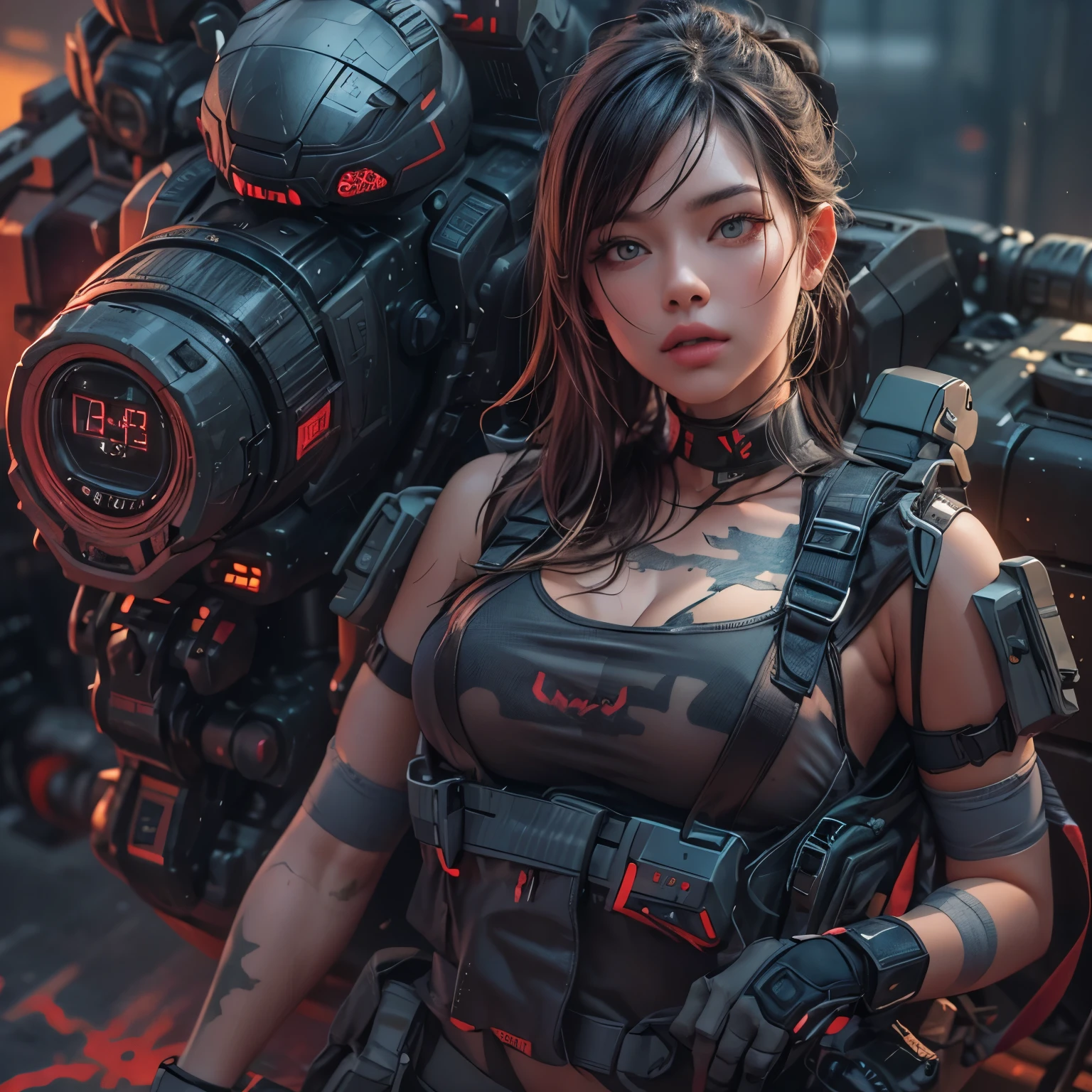 Full body portrait、A beautiful woman in a tight combat uniform、Detailed face and eyes、Beautifully detailed lips、Long eyelashes、A relaxed expression、Bodysuit-like combat clothing、camouflage:1.5、Very detailed、(highest quality、4k、8k、High resolution、masterpiece:1.2)、Super detailed、(Real、Photorealistic、Photorealistic:1.37)、HDR、UHD、Studio Lighting、Ultra-fine painting、Sharp Focus、Physically Based Rendering、Very detailedな描写、professional、Bright colors、Bokeh、Concept Art、cyber punk、Neon Light、Dynamic pose、Dramatic lighting