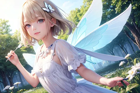 1Fairy,bouquet,hair ornaments,Fairyのwing,wing,wing根,大きなwing,Short sleeve,12歳のgirl,young,Transparency,happiness,smile,smile,Happy...