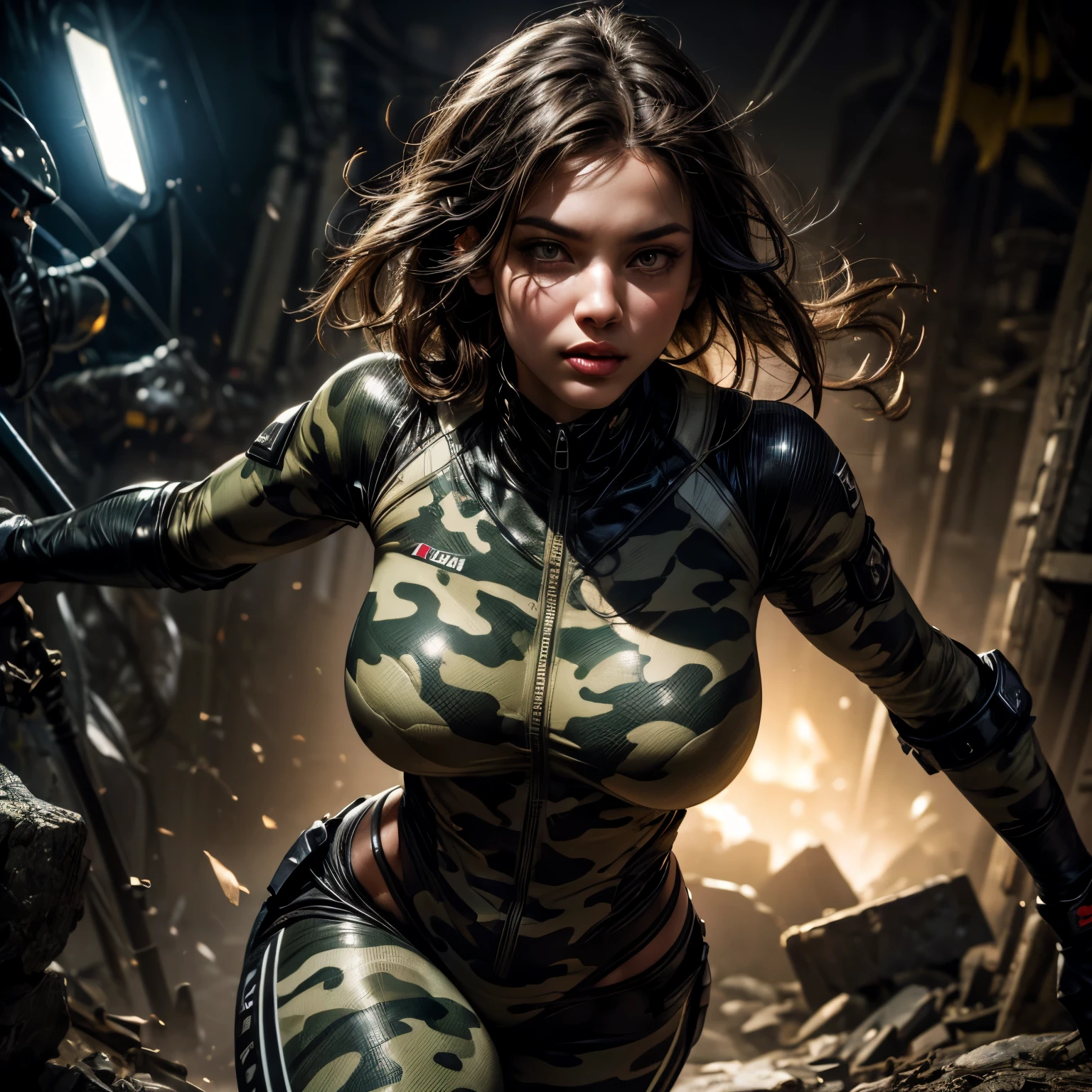 Full Body Portrait:1.5、Detailed close-up portrait of a stunningly beautiful woman in tight combat clothing、Confident expression、Camouflage bodysuit-like combat suit：1.5、Super detailed、8k、Photorealistic、Cinematic lighting、Dramatic composition、Dynamic pose、Glowing Skin、Sharp Eye、Full lips、Intricate details、Realistic Textures