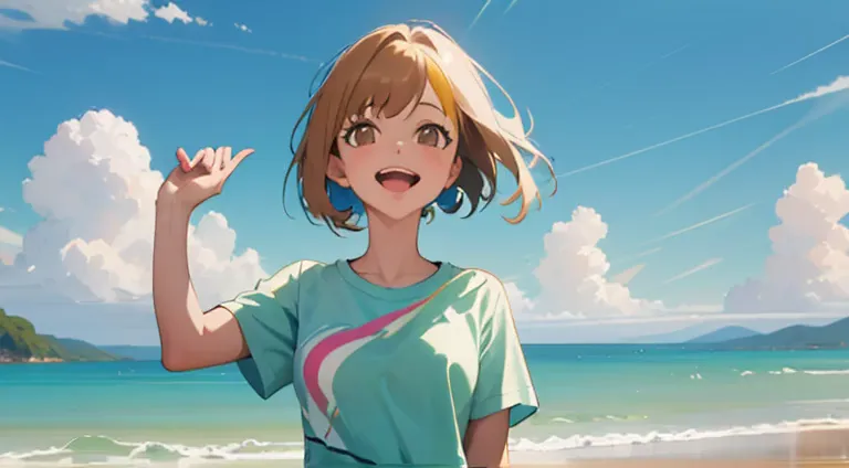 (masterpiece, highest quality, highest quality, official art, beautifully、beautiful:1.2), 1 girl,daytime,blue sky,sandy beach,cu...