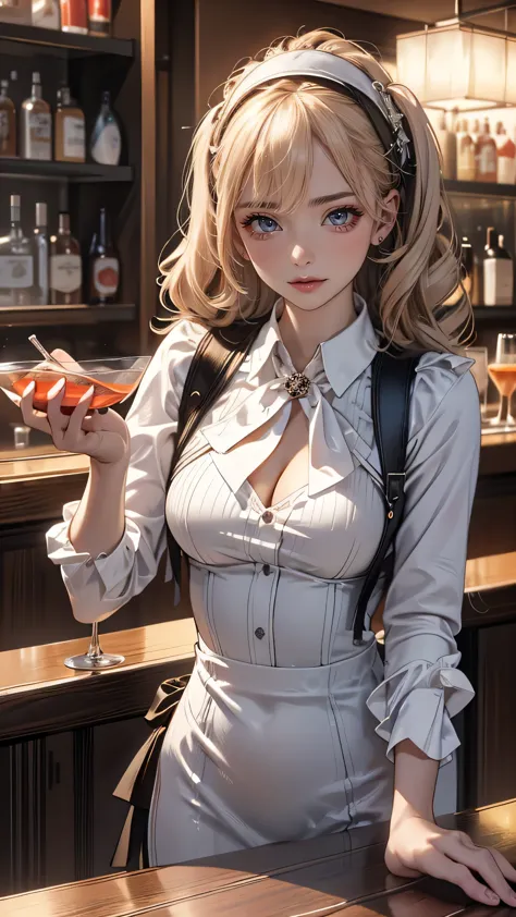 (hotel bar counter,female bartender,(Shake a cocktail using a shaker)),white blouse,(ebony skin:1.2),(Thin type:1.8),(big breast...