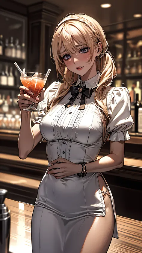 (hotel bar counter,female bartender,(Shake a cocktail using a shaker)),white blouse,(ebony skin:1.2),(Thin type:1.8),(big breast...