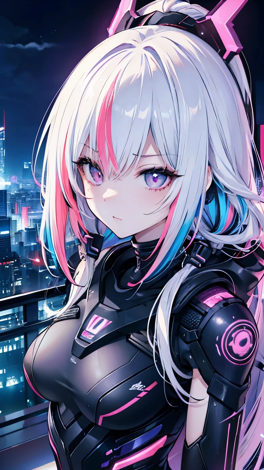 streaked hair, shiny hair, hairpods, multicolored eyes, modern, anime, cinematic lighting, sparkle, zoom layer, pov, UHD, textured skin, super detail, high quality, best quality, high details, masterpiece, Cyberpunk, futuristic metropolis, neon lights, midnight, Secret agents in science fiction movies, A spy wearing a highly functional suit