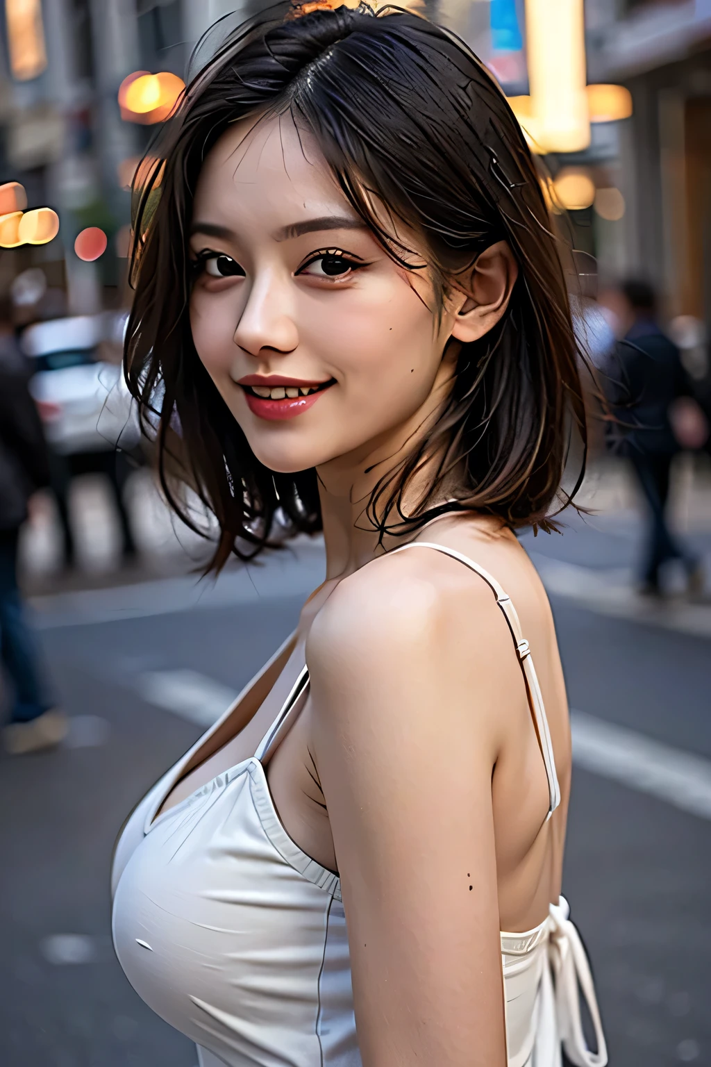 (8k, RAW Photos, highest quality, masterpiece, Realistic, Realistic), (1 female), (Ultimate beauty), Highly detailed face, (Perfect Teeth), Beautiful Eyes, double eyelid, eyelash, smile, Lip details, (Neat brunette bob), The light shines on your face, (Big Breasts), ((Mini Dress)), (Thighs), (background: none),  Background blur