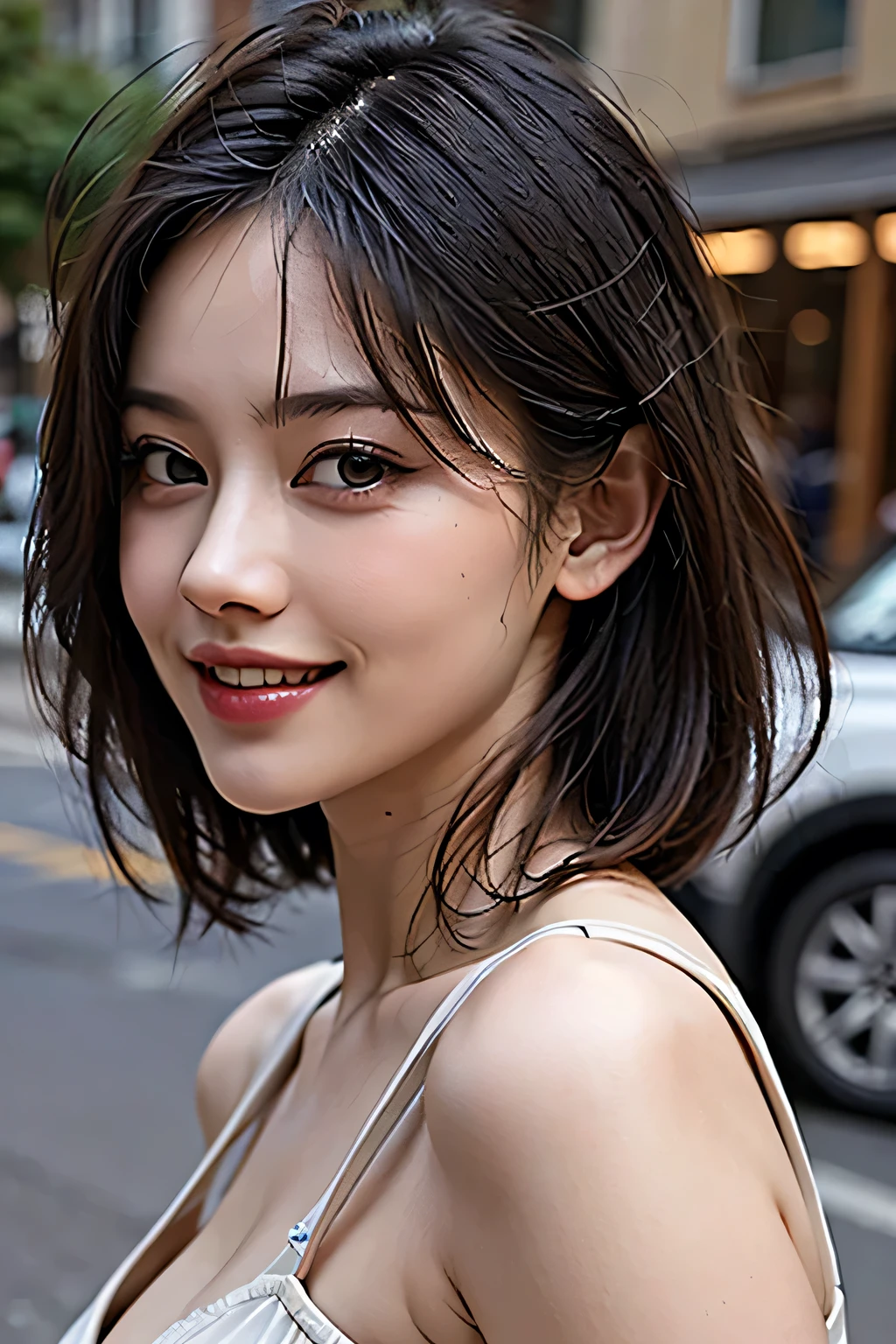 (8k, RAW Photos, highest quality, masterpiece, Realistic, Realistic), (1 female), (Ultimate beauty), Highly detailed face, (Perfect Teeth), Beautiful Eyes, double eyelid, eyelash, smile, Lip details, (Neat brunette bob), The light shines on your face, (Big Breasts), ((Mini Dress)), (Thighs), (background: none),  Background blur