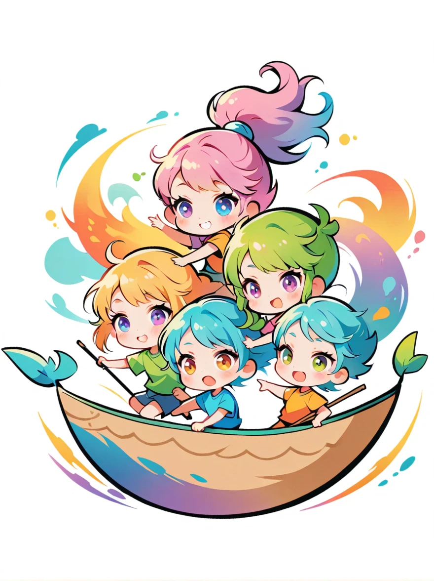 (flat, user interface vector style), heavenly colors, Illustration style, three young people rowing dragon boats in an illustration in the style of a cartoon with a white background and elements of the Dragon Boat Festival in China, Cartoon cute dragons drawn in the style of simple lines and illustrations,simple lines, colorful colors,Flat illustration,vector graphics,minimalist, (simple illustration), (smooth line art), (minimalism), white background, (graphic design aesthetics), (flat illustration), (Plane illustration)