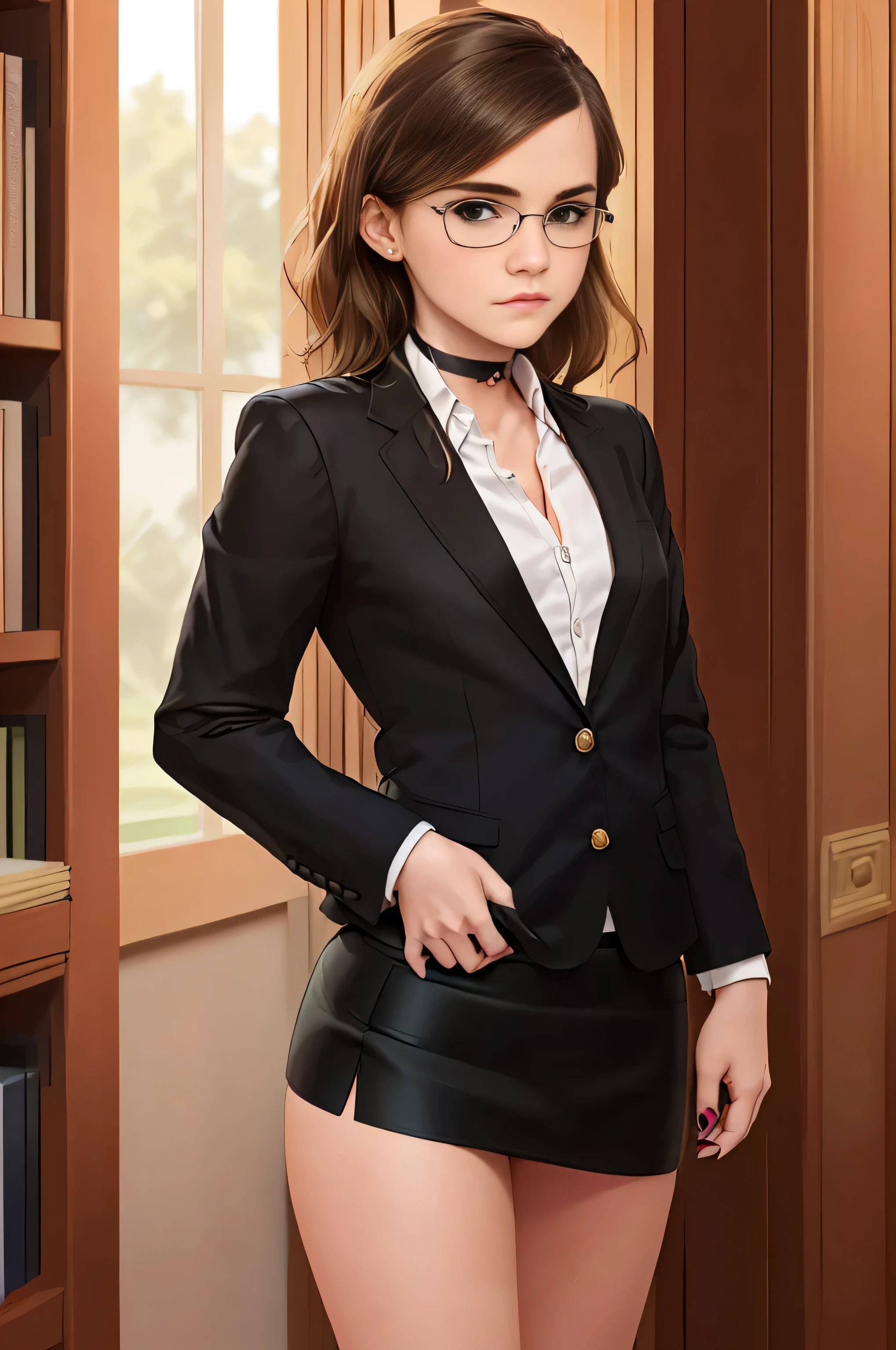 Emma Watson, (masterpiece quality, (masterpiece quality:1.3), realistic, (realistic:1.3), 1girl, (1girl:1.9), solo, (solo:1.9), in a library, bookshelves in background be, wearing lawyers suit, (wearing business jacket:1.5), wearing white blouse, (wearing white blouse:1.5), wearing black skirt, (wearing black skirt:1.5), wearing choker collar, wearing glasses, small breasts, (small breasts:1.5), thin body, 