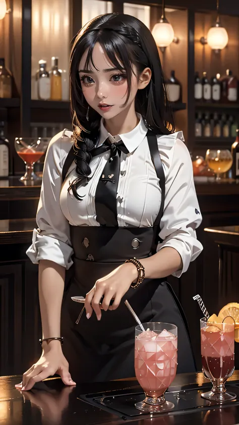 (hotel bar counter,female bartender,(Shake a cocktail using a shaker)),white blouse,(ebony skin:1.5),(Thin type:1.8),(big breast...