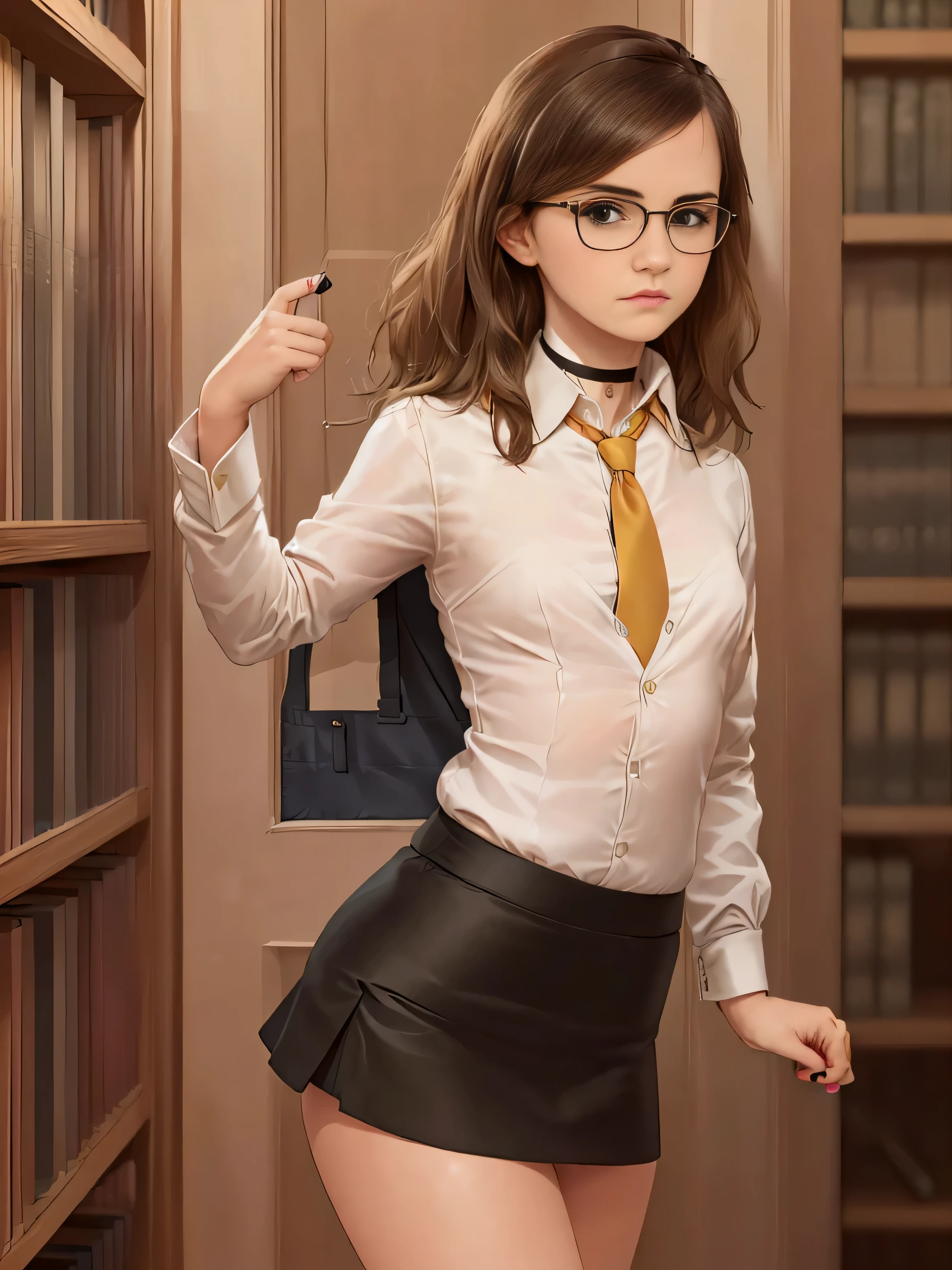 Emma Watson, (masterpiece quality, (masterpiece quality:1.3), realistic, (realistic:1.3), 1girl, (1girl:1.9), solo, (solo:1.9), in a library, bookshelves in background be, wearing lawyers suit, (wearing business jacket:1.5), wearing white blouse, (wearing white blouse:1.5), wearing black skirt, (wearing black skirt:1.5), wearing choker collar, wearing glasses, small breasts, (small breasts:1.5), thin body, 