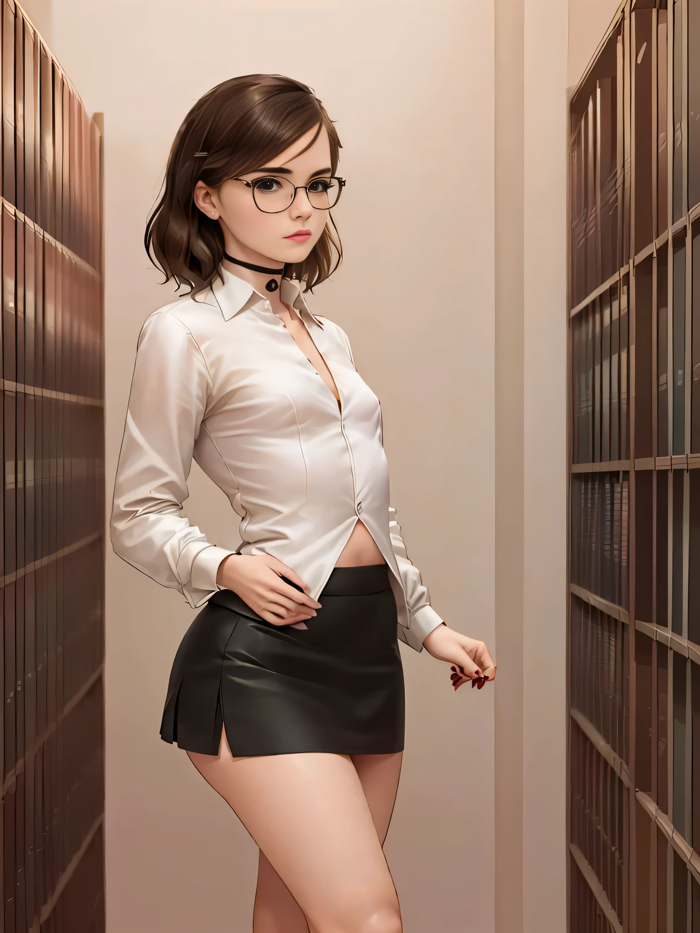 Emma Watson, (masterpiece quality, (masterpiece quality:1.3), realistic, (realistic:1.3), 1girl, (1girl:1.9), solo, (solo:1.9), in a library, bookshelves in background be, wearing lawyers suit, (wearing business jacket:1.5), wearing white blouse, (wearing white blouse:1.5), wearing black skirt, (wearing black skirt:1.5), wearing choker collar, wearing glasses, small breasts, (small breasts:1.5), thin body, 