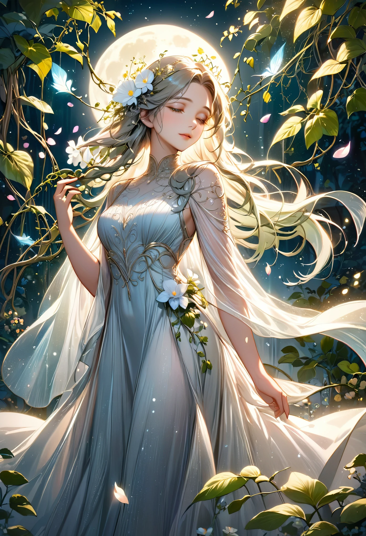 a beautiful goddess in a moonlit garden, detailed flower petals, intricate vines and foliage, stunning moon rays, cinematic lighting, ethereal atmosphere, elegant flowing dress, serene and tranquil,ultra-detailed,portrait,ambient lighting,delicate colors,magical realism