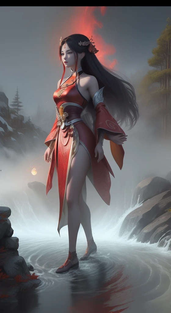 Eine Frau in einem roten Kleid geht mit einer Laterne in der Hand durch den Fluss., Ganzkörper-Xianxia, inspiriert von Park Hua, Autor：Yang Jie, Inspiriert von Lan Ying, Extrem detailliertes Artger, inspiriert von Du Qiong, Inspiriert von Zhu Lian, Kunst Stil, ruan jia and artgerm, Kleidung mit Mondmotiven