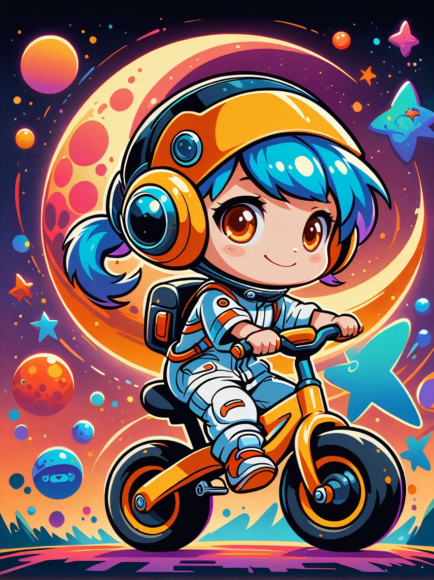 Graffiti-Zeichentrickfiguren，Vector Illustration，Kinofilmstill Ein optisch eindrucksvoller Astronaut im Chibi-Stil wird mit bemerkenswerten Details dargestellt, trägt ein schwarz getöntes Visier und einen strahlend weißen Anzug mit roten Trägern. Dieser entzückende Held ist auf einem Kinderdreirad mit großen griffigen Reifen zu sehen, die Oberfläche des Mondes erkunden. Der Hintergrund zeigt eine entzückende Galaxie voller Sterne und kosmischer Wunder. Dieses konzeptuelle Kunstwerk verbindet Anime, Fotografie, Illustration, und Typografie, um eine skurrile und fantasievolle Darstellung der Weltraumforschung zu schaffen，Verleihen Sie der Szene eine skurrile Note，1xhsn1