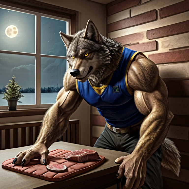 a middle-aged man，Transformation，werecreature，The golden full moon outside the window，room，Sports vest，musculature，Realistic style，Claw marks on wall，wolf snout，wolf fur，clawed paws，meat pad hand，Wolf tail，Close-up