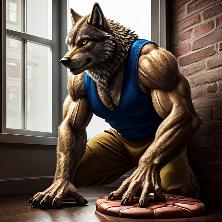 a middle-aged man，Transformation，werecreature，The golden full moon outside the window，room，Sports vest，musculature，Realistic style，Claw marks on wall，wolf snout，wolf fur，clawed paws，meat pad hand，Wolf tail，Close-up