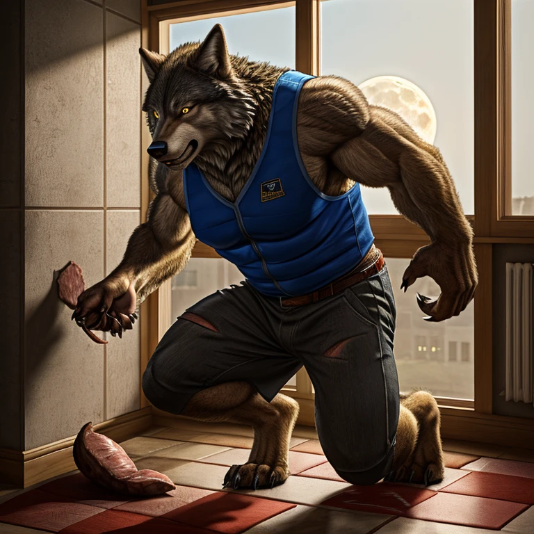 a middle-aged man，Transformation，werecreature，The golden full moon outside the window，room，Sports vest，musculature，Realistic style，Claw marks on wall，wolf snout，wolf fur，clawed paws，meat pad hand，Wolf tail，Close-up