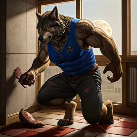 a middle-aged man，transformation，werecreature，the golden full moon outside the window，room，sports vest，musculature，realistic sty...