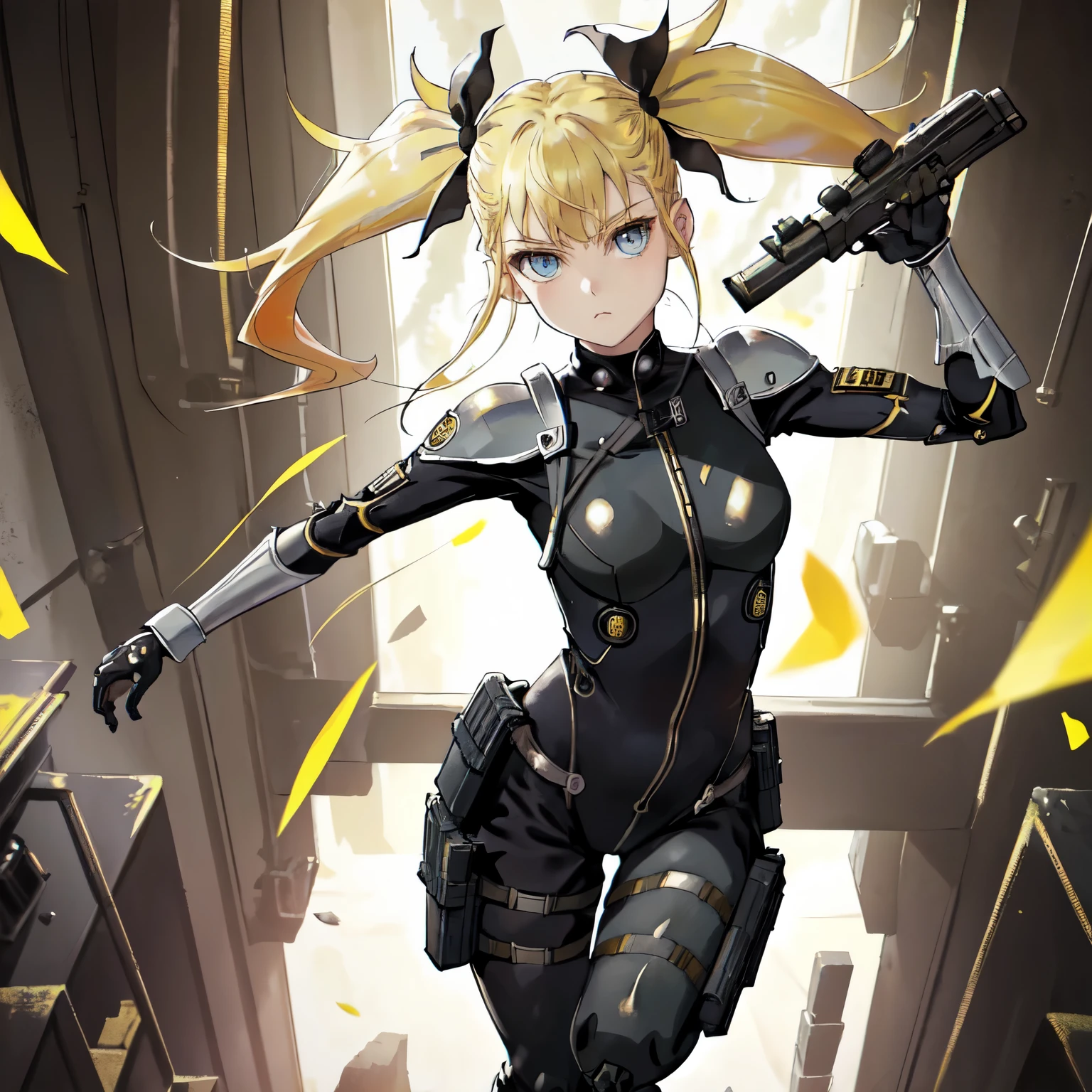 (masterpiece, top quality, very beautiful, very detailed), 1 girl, yellow hair in twin tails, black ribbon barrette, blue eyes, upturned cat eyes, black bodysuit, looking at camera, full body figure, holding machine gun