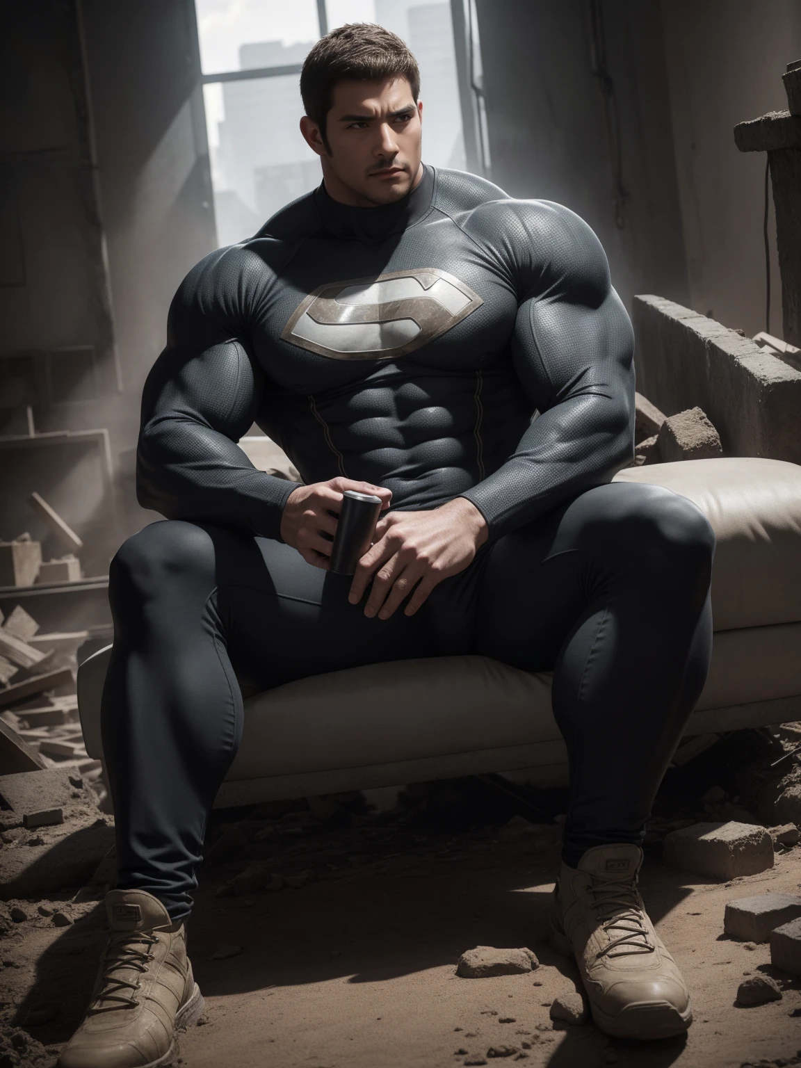 Angry super muscular man,  short hair，Sitting on a soft sofa in the ruins, Wear the long-sleeved superhero bodysuit in earthy grey, Body wrapped in mud，The clothes are dirty，There are mud stains，The expression is arrogant, Thick thighs, messy hair, Thick thighs, Off-White Turtleneck Long Sleeve Superhero Bodysuit, very tight, Regular symmetrical pattern, Highlight muscles, Police uniform pants, character concept（Resident Evil - chris redfield, chris redfield）A proud expression, Deep and charming eyes, Valiant male pose, tall Burly, muscular！muscular thighs, Tough Guy, Perfect facial features, High, Burly, Heqiang, Super exquisite and cool, High Resolution Committee, Attractive, The sun is blazing, Dazzling