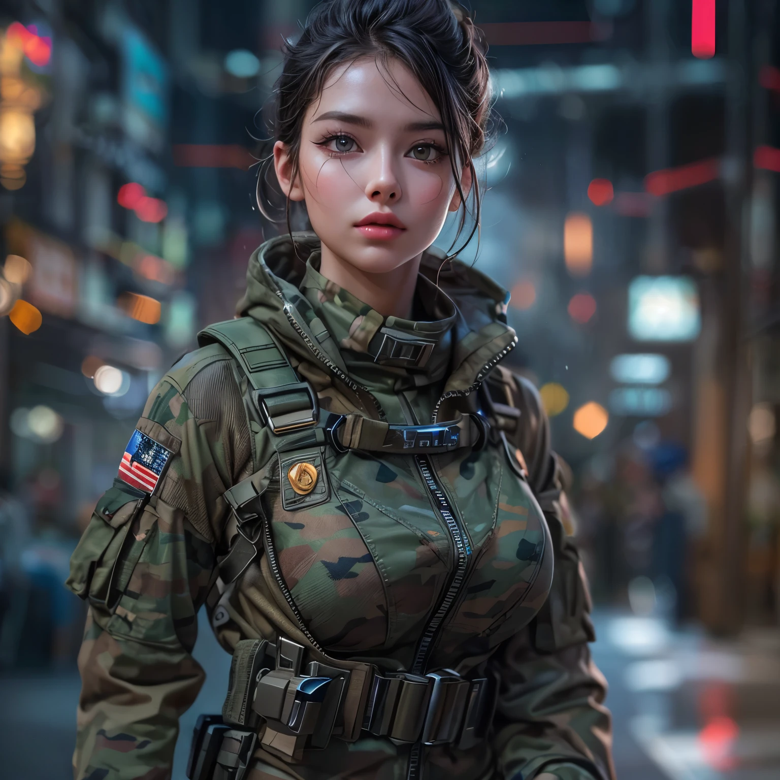 portrait complet du corps、Une belle femme dans un uniforme de combat moulant、Visage et yeux détaillés、lèvres magnifiquement détaillées、long cils、une expression détendue、Vêtements de combat de type body、camouflage:1.5、très détaillé、(la plus haute qualité、4k、8k、haute résolution、chef-d&#39;œuvre:1.2)、Super détaillé、(Réel、Photoréaliste、Photoréaliste:1.37)、HDR、UHD、éclairage de studio、Peinture ultra fine、netteté、Rendu physique、très détailléな描写、professionnel、couleurs vives、bokeh、art conceptuel、cyberpunk、Néon、pose dynamique、Éclairage dramatique