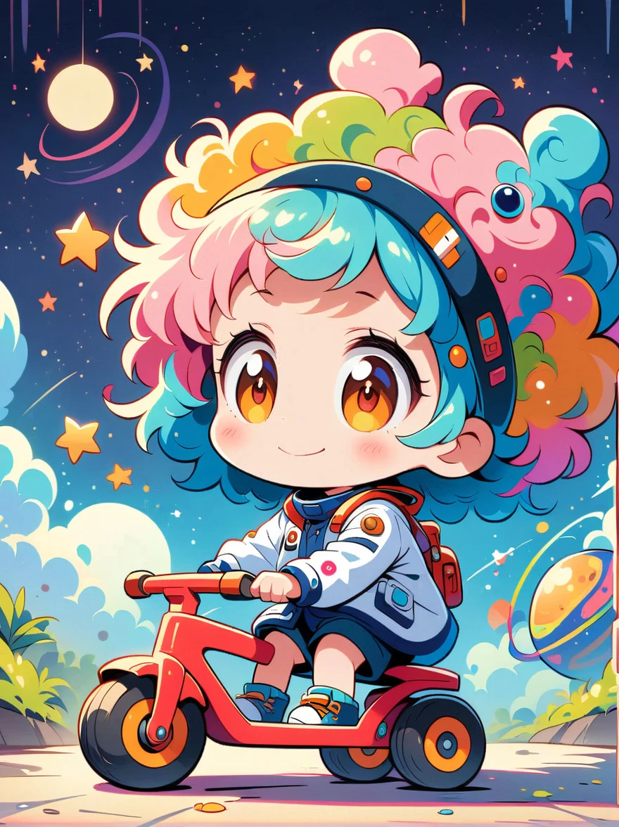 Personajes de graffiti de dibujos animados，Vector ilustración，Imagen cinematográfica de un astronauta estilo chibi visualmente impactante representado con notable detalle., visera teñida de negro y un impecable traje blanco con tirantes rojos. Este adorable héroe es capturado montando un triciclo infantil con neumáticos grandes y adherentes., explorando la superficie de la luna. El fondo muestra una encantadora galaxia llena de estrellas y maravillas cósmicas.. Esta obra de arte conceptual combina anime., fotografía, ilustración, y tipografía para crear una representación caprichosa e imaginativa de la exploración espacial.，Añade fantasía a la escena，1xhsn1